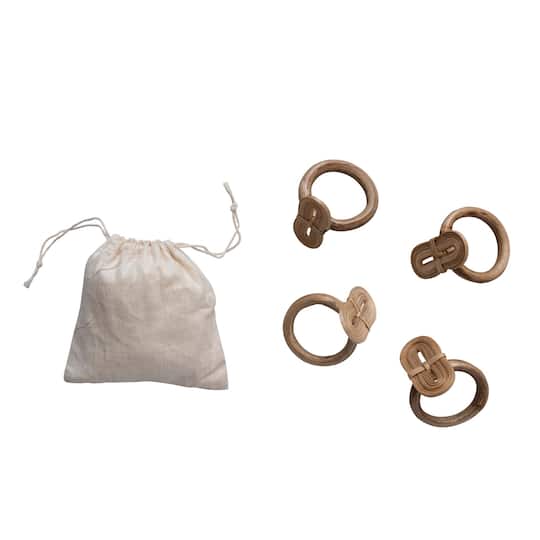 Boho Woven Bamboo Napkin Rings in Linen Drawstring Bag, Set of 4